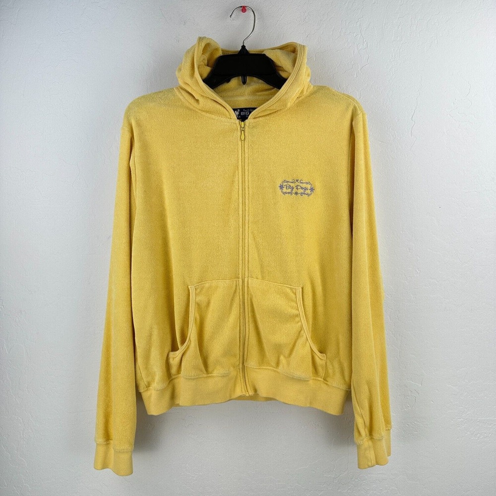 Vintage Big Dogs Sweatshirt Womens Medium Yellow Fleece Hoodie Full Zip Y2K